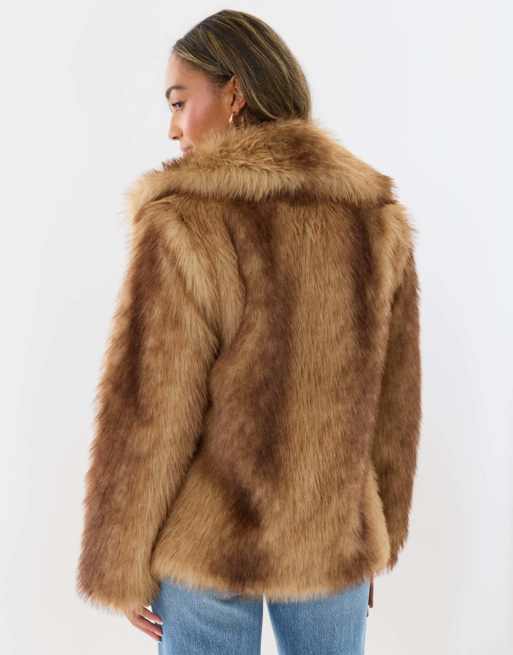 Threadbare Oversized collar faux fur coat in tan, 2 of 4