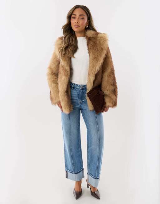 Threadbare Oversized collar faux fur coat in tan, 4 of 4