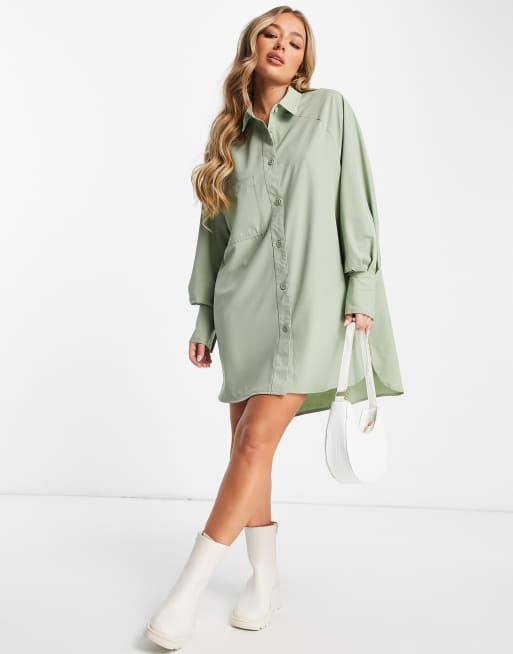 Threadbare – Oversized-Hemdkleid mit Ballonärmeln in Salbeigrün
