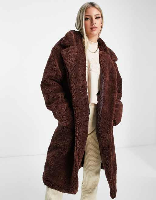 Threadbare oversized longline borg coat in chocolate brown | ASOS