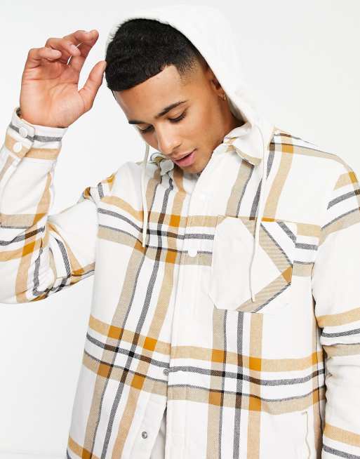 Threadbare oversized padded check shirt with hood in camel