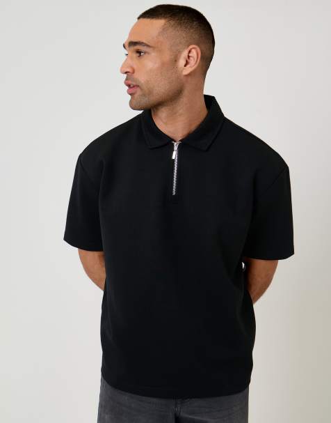 Threadbare Oversized quarter zip polo shirt in black - view 1