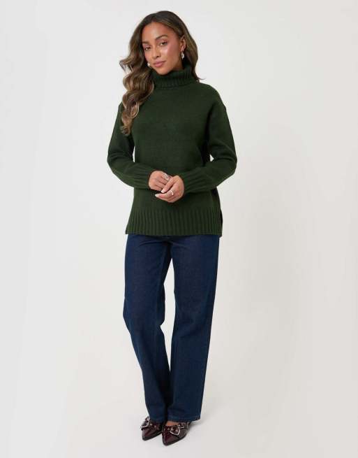 Threadbare Oversized roll neck jumper in green, 4 of 5
