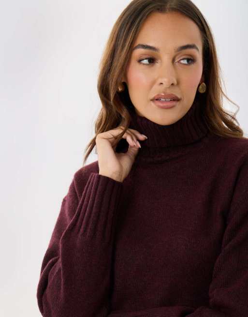 Threadbare Oversized roll neck jumper in plum, 3 of 5