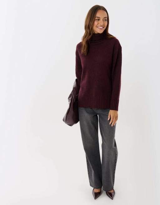 Threadbare Oversized roll neck jumper in plum, 4 of 5