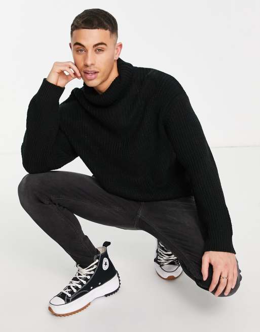 Threadbare - Oversized rullekravebluse i sort, kraftigt materiale