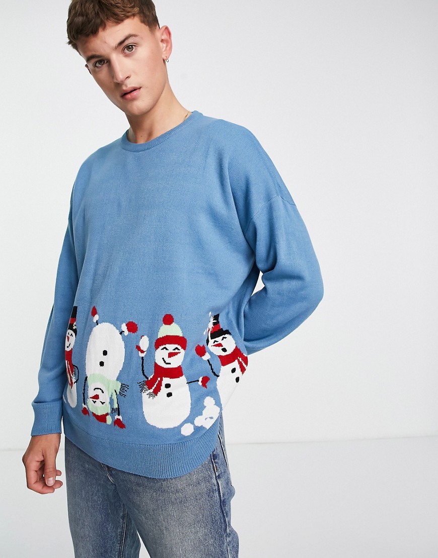 Threadbare oversized snowman print christmas sweater in blue-Blues