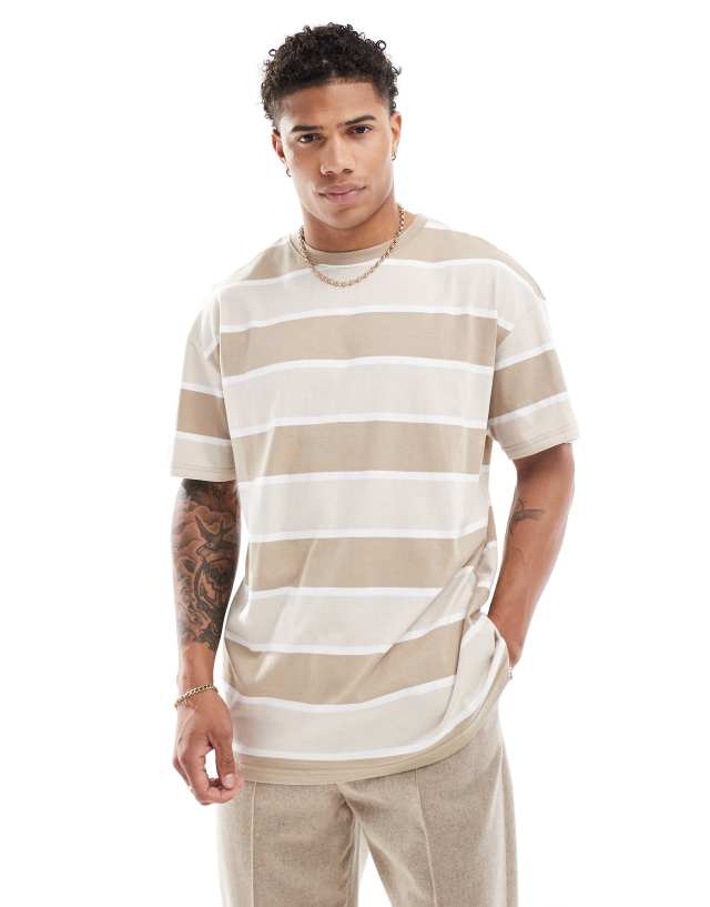 Threadbare - oversized stripe t-shirt in light brown