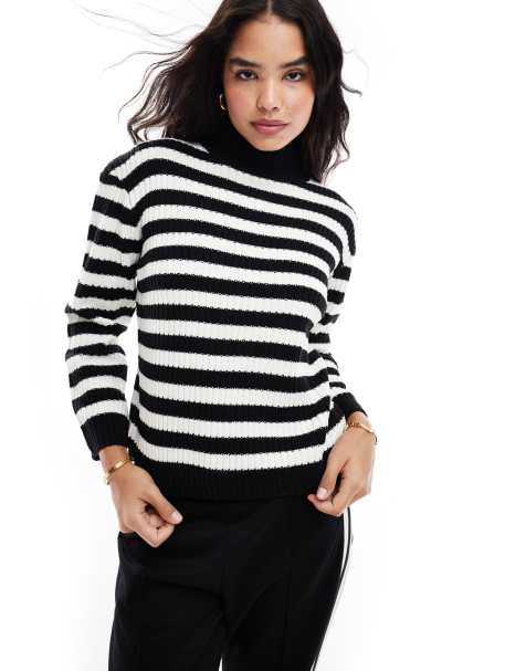 Threadbare - Oversized trui met hoge hals in monochroom gestreept - view 1