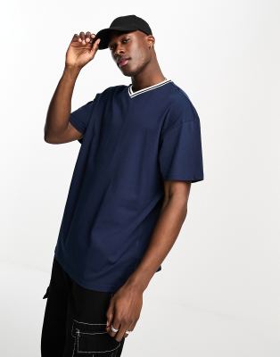 Threadbare oversized v-neck t-shirt in navy - ASOS Price Checker