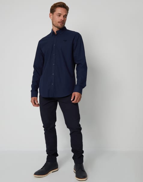 Threadbare Oxford cotton long sleeve shirt in navy - view 1