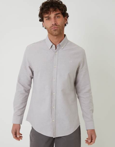 Threadbare Oxford cotton slim fit long sleeve shirt in taupe