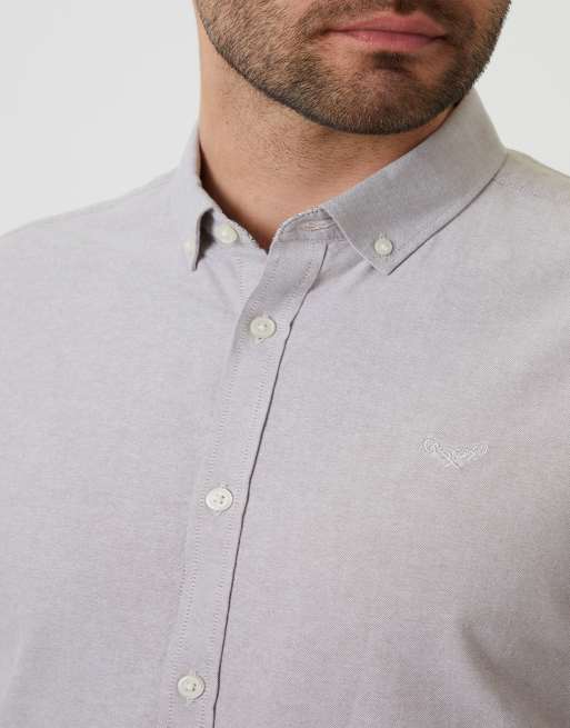 Threadbare Oxford cotton slim fit short sleeve shirt in taupe, 3 of 4