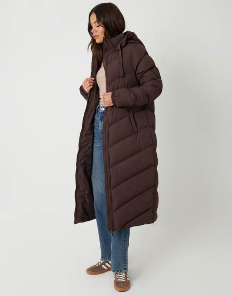 Threadbare Padded maxi coat in chocolate - view 1