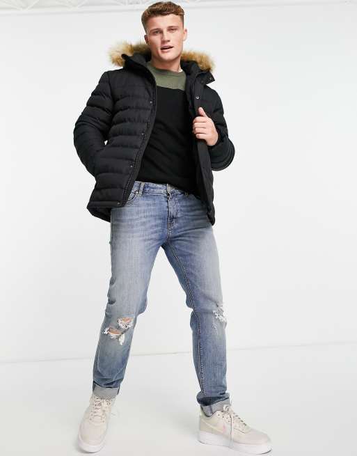 Threadbare padded parka jacket with faux fur hood in black