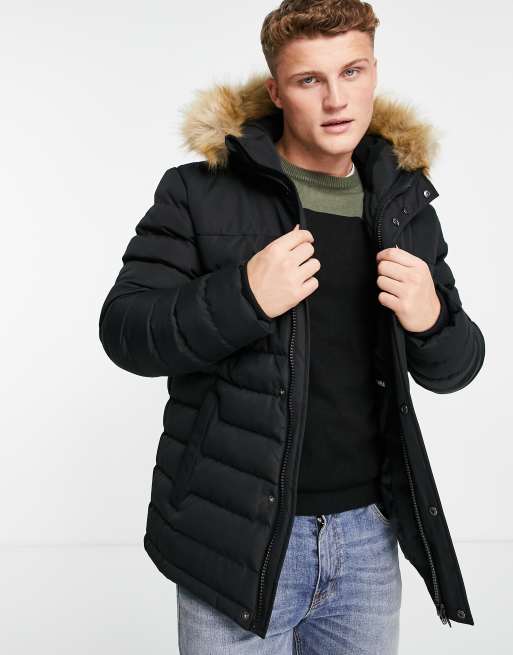 Mens padded parka store with fur hood