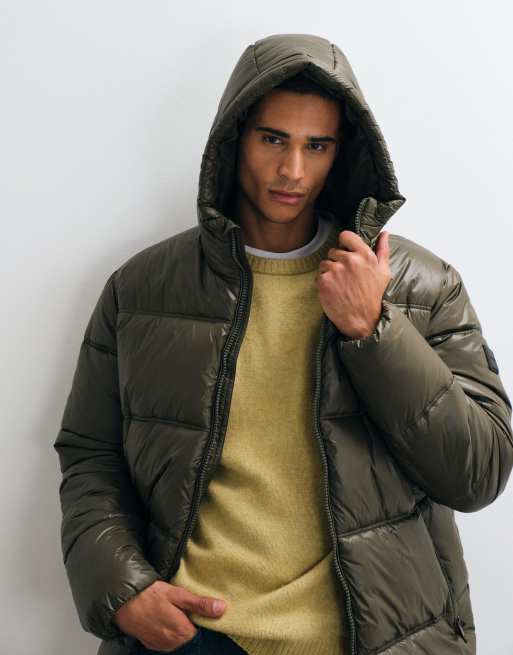 Threadbare padded puffer jacket with hood in khaki, 3 of 5
