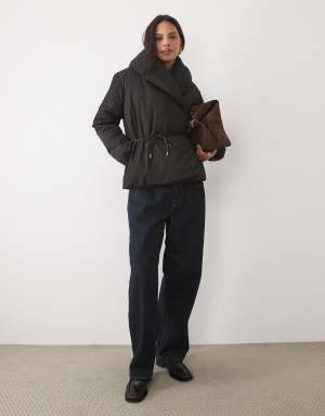 Threadbare padded wrap puffer with belt detail in black