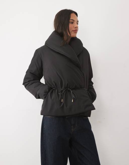 Threadbare padded wrap puffer with belt detail in black, 2 of 4