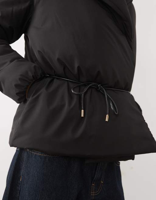 Threadbare padded wrap puffer with belt detail in black, 3 of 4