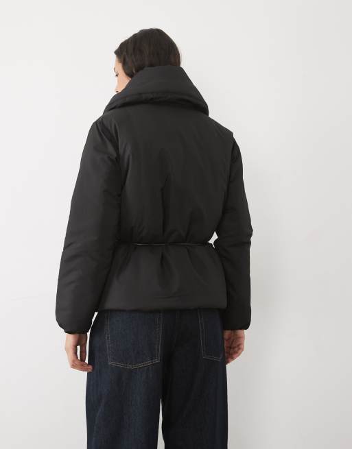 Threadbare padded wrap puffer with belt detail in black, 4 of 4