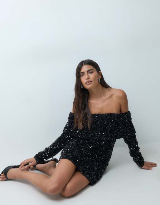 Threadbare Paillettenkleid mit langen Ärmeln, Bardot-Ausschnitt und Mini-Länge in Schwarz, 3 von 4