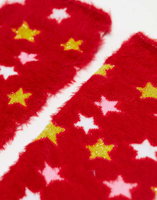 Threadbare - Pakke med 2 par fluffy sokker med stjerne- og enhjørningemotiv i pink og rød, 3 af 4