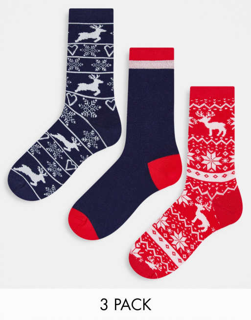 Threadbare - Pakke med 3 par julesokker i rødt og marineblåt Fair Isle-mønster