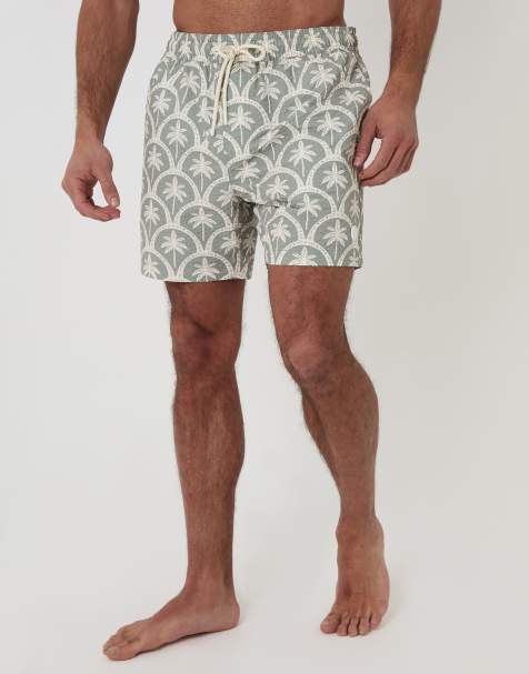 Threadbare Palm print seersucker swim shorts in pale green - view 1