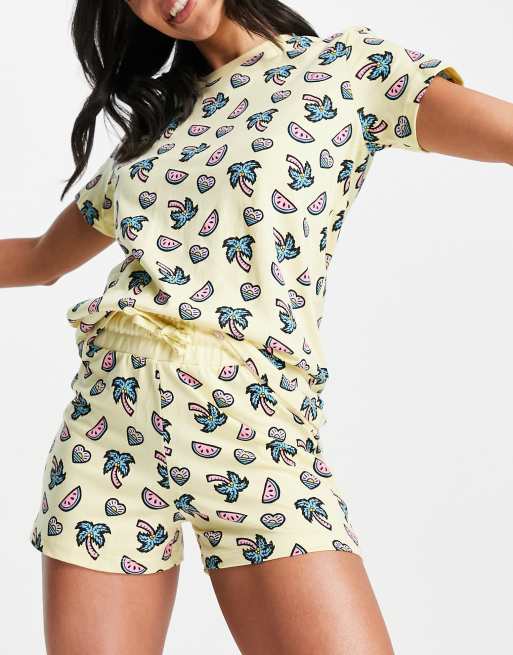 Threadbare palm tree print pyjama set in yellow