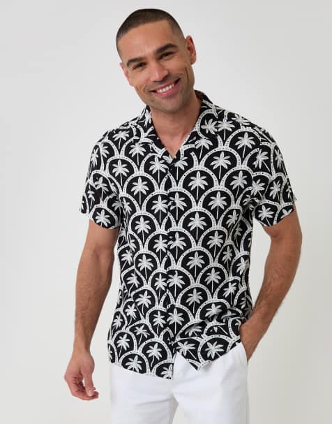 Threadbare Palm tree print short sleeve shirt in black - view 1