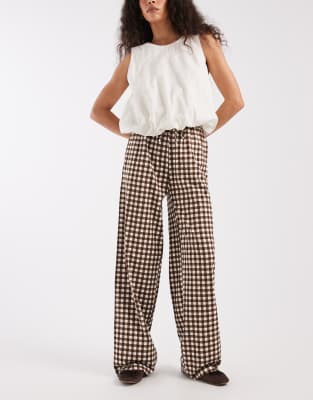 Pantalon à enfiler en jersey avec cordon de serrage et motif à carreaux vichy - Marron chocolat 34