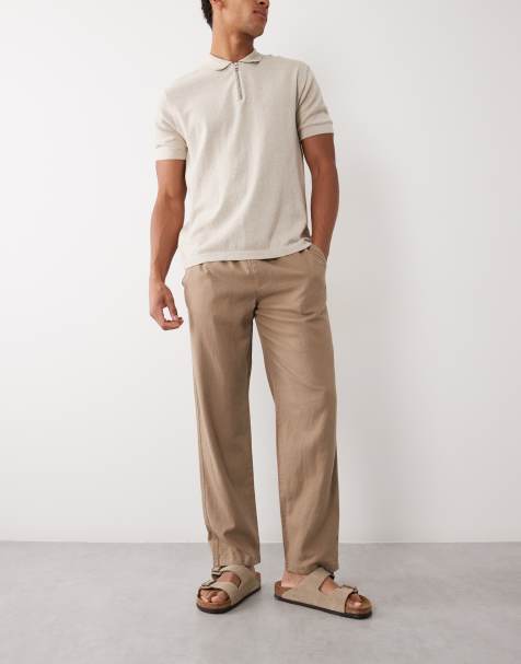 Threadbare - Pantalon droit à enfiler aspect lin - Taupe - view 1