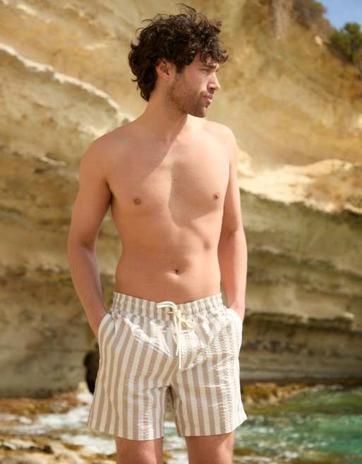 Threadbare - Pantaloncini da bagno in seersucker color pietra e bianco a righe, 2 di 4