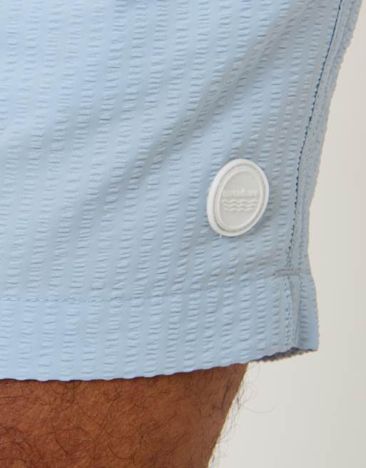 Threadbare - Pantaloncini da bagno in seersucker con coulisse in vita a righe azzurre, 5 di 5