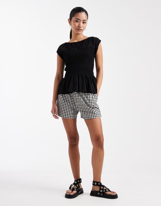 Threadbare - Pantaloncini in jersey nero e bianco a quadretti con coulisse, 2 di 5