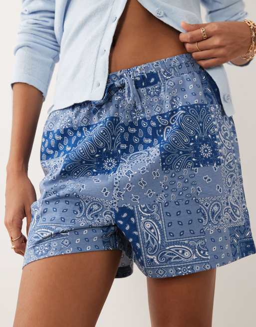 Threadbare - Pantalones cortos azul marino sin cierres con estampado de cachemir y cordón ajustable de punto liso, 4 de 5