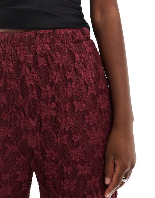 Threadbare - Pantaloni a fondo ampio bordeaux in pizzo, 3 di 5