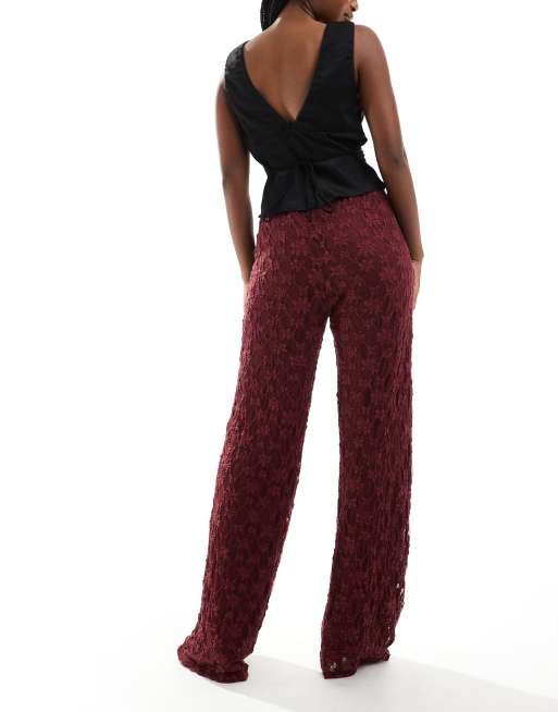 Threadbare - Pantaloni a fondo ampio bordeaux in pizzo, 4 di 5