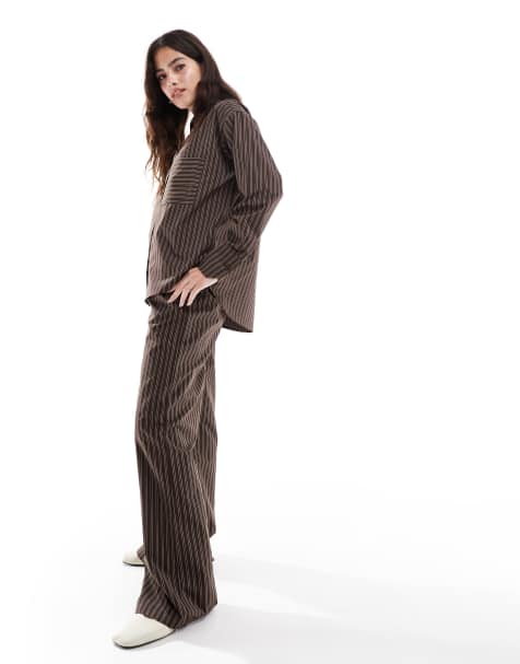 Threadbare - Pantaloni a fondo ampio marroni a righe in coordinato - view 1