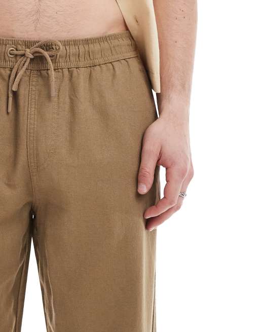 Threadbare - Pantaloni color pietra scuro in lino con coulisse in vita, 4 di 5