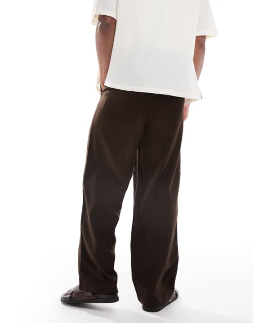 Threadbare - Pantaloni marroni in misto lino allacciati in vita con coulisse a contrasto, 2 di 5