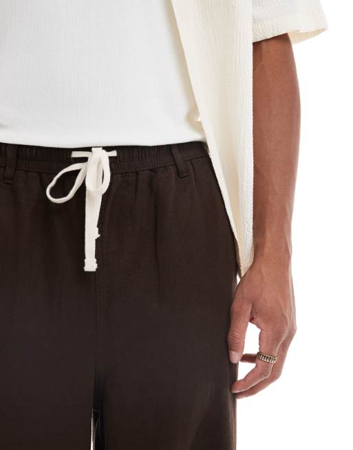 Threadbare - Pantaloni marroni in misto lino allacciati in vita con coulisse a contrasto, 3 di 5