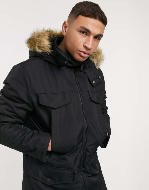 Threadbare parka with faux fur hood in black | ASOS