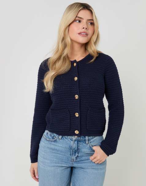 Threadbare Patch pocket crew neck cardigan in navy - view 1