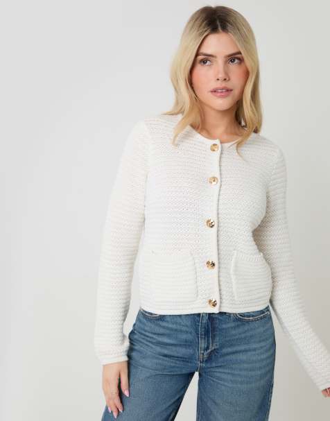 Threadbare Patch pocket crew neck cardigan in white