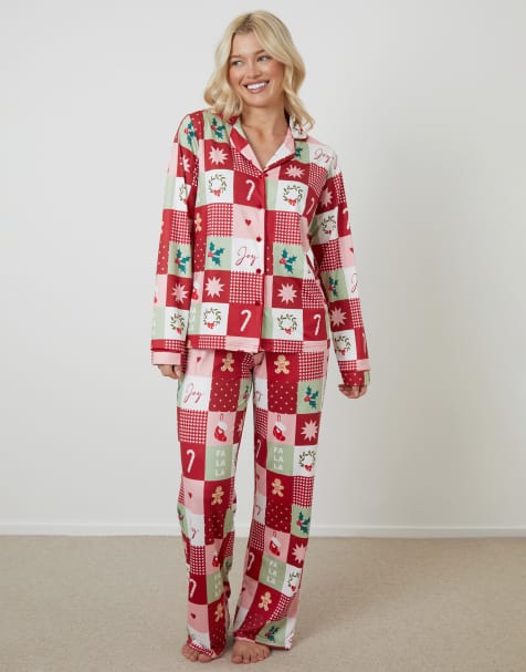 Threadbare Patchwork print long button-through christmas pyjamas (2-piece set) in red - view 1