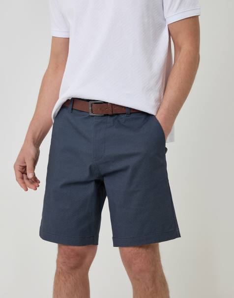 Threadbare Patterned stretch chino shorts with belt in navy - view 1