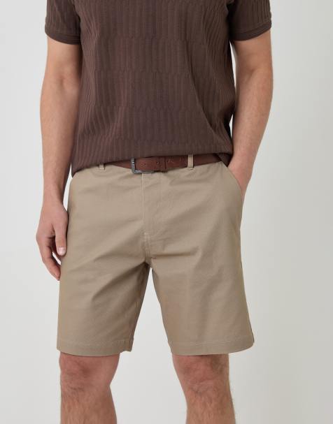 Threadbare Patterned stretch chino shorts with belt in stone - view 1