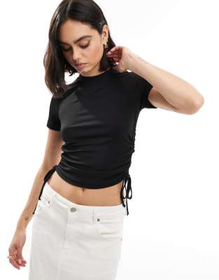 Threadbare Pauly side tie ribbed top in black-White